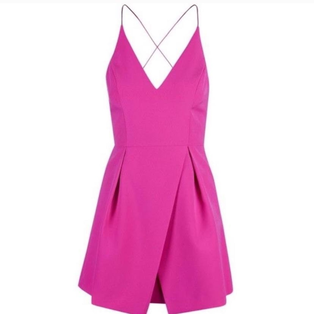 NWOT Topshop Crinkle Plunge Satin Mini Dress in Hot Pink